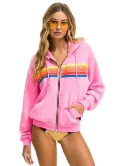 5 Stripe Zip Hoodie - Neon Pink