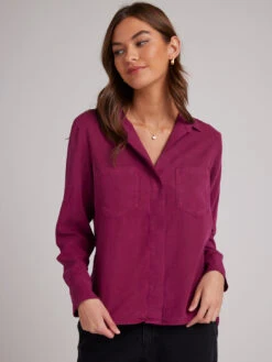 Split Back Button Down Shirt - Deep Magenta