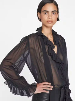 FRAME Ruffle Front Button Up Shirt - Noir
