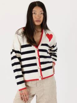 Riva Heart Cardigan - White Navy Stripe
