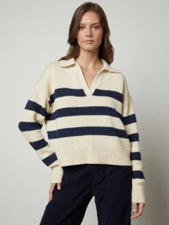 Velvet Lucie Stripe Polo Sweater - Cream/Navy