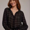 Hidden Placket Button Down Shirt - Stippled Plaid Print